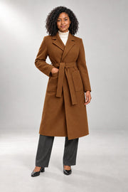 Ashley Wrap Coat — Longline Fit & Patch Pockets — Light Brown studio view
