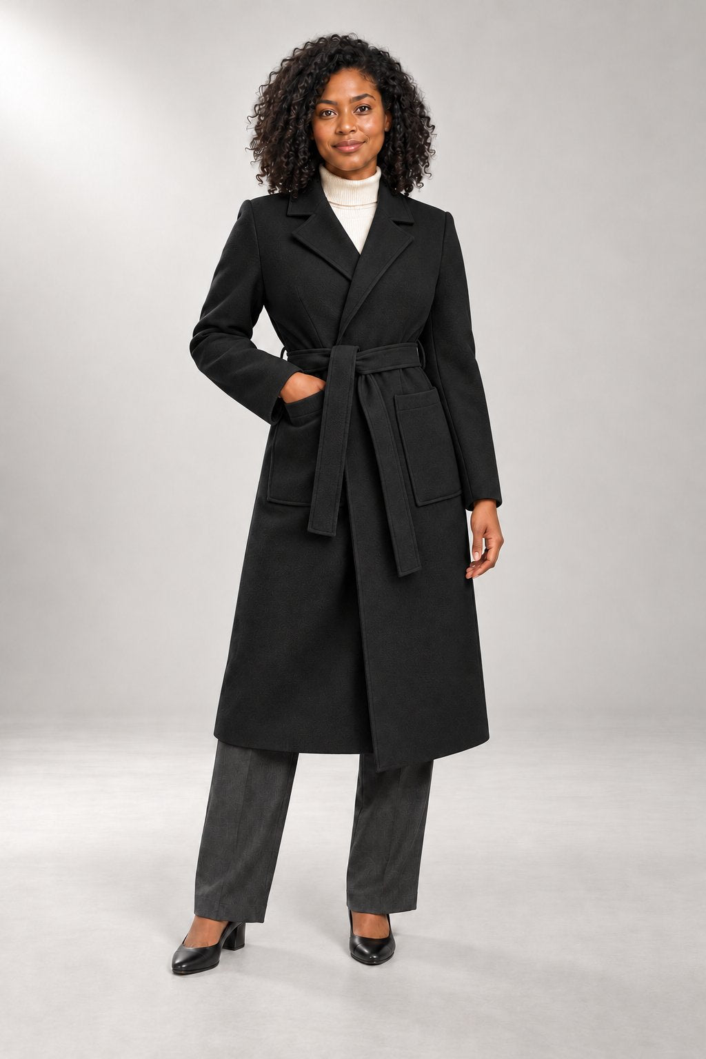 Ashley Wrap Coat — Longline Fit & Patch Pockets — Black studio view