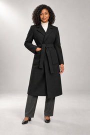 Ashley Wrap Coat — Longline Fit & Patch Pockets — Black studio view