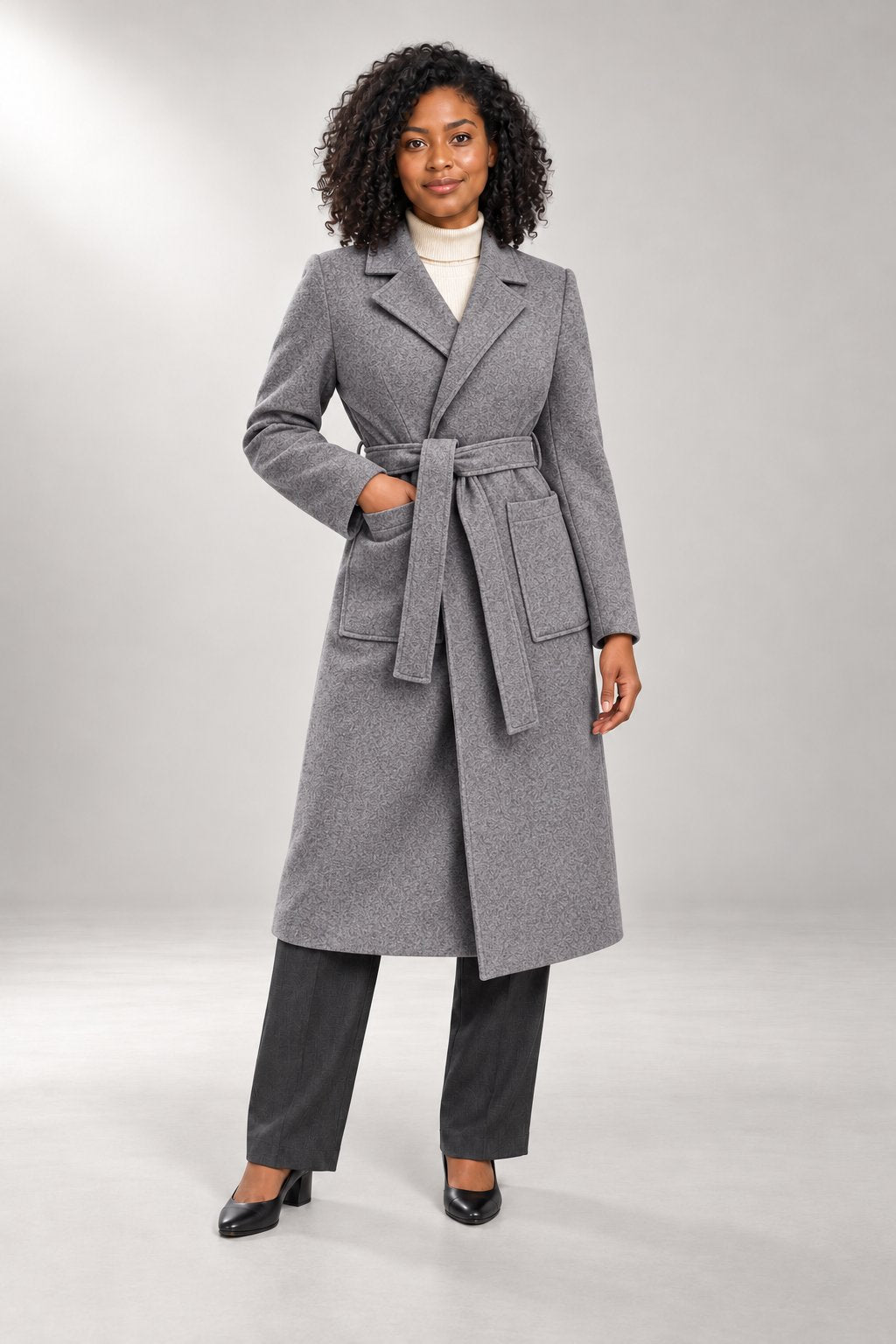 Ashley Wrap Coat — Longline Fit & Patch Pockets — Gray studio view