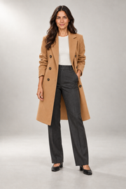Olivia Notched-Lapel Coat — Double-Breasted Longline Fit — Khaki studio view