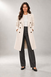 Olivia Notched-Lapel Coat — Double-Breasted Longline Fit — Beige studio view