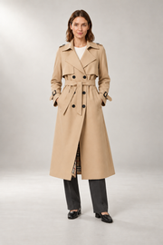 Belted Trench Coat — Tailored Longline Silhouette — Beige studio view