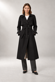 Belted Trench Coat — Tailored Longline Silhouette — Black studio view