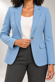 Talia-Eve Tailored Blazer — Notched Lapels & Single Button — detail view in our studio