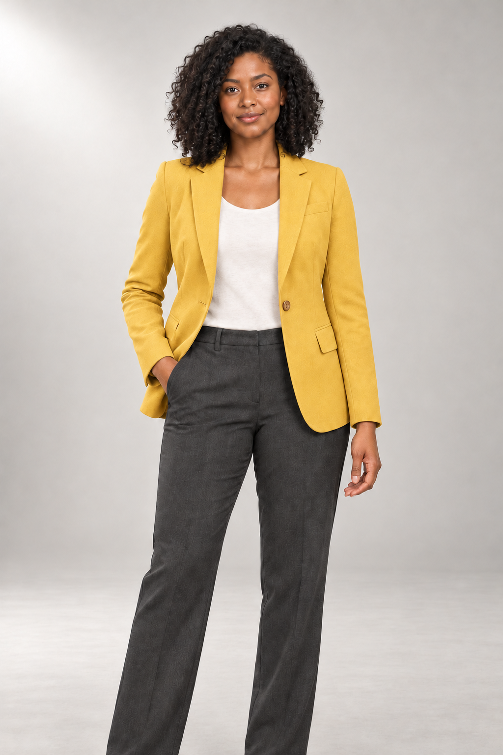 Talia-Eve Tailored Blazer — Notched Lapels & Single Button — Yellow studio view