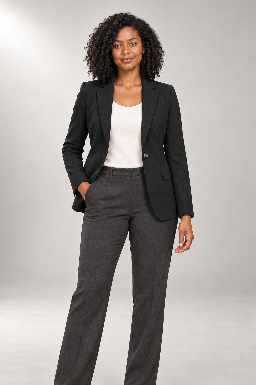 Talia-Eve Tailored Blazer — Notched Lapels & Single Button — Black studio view