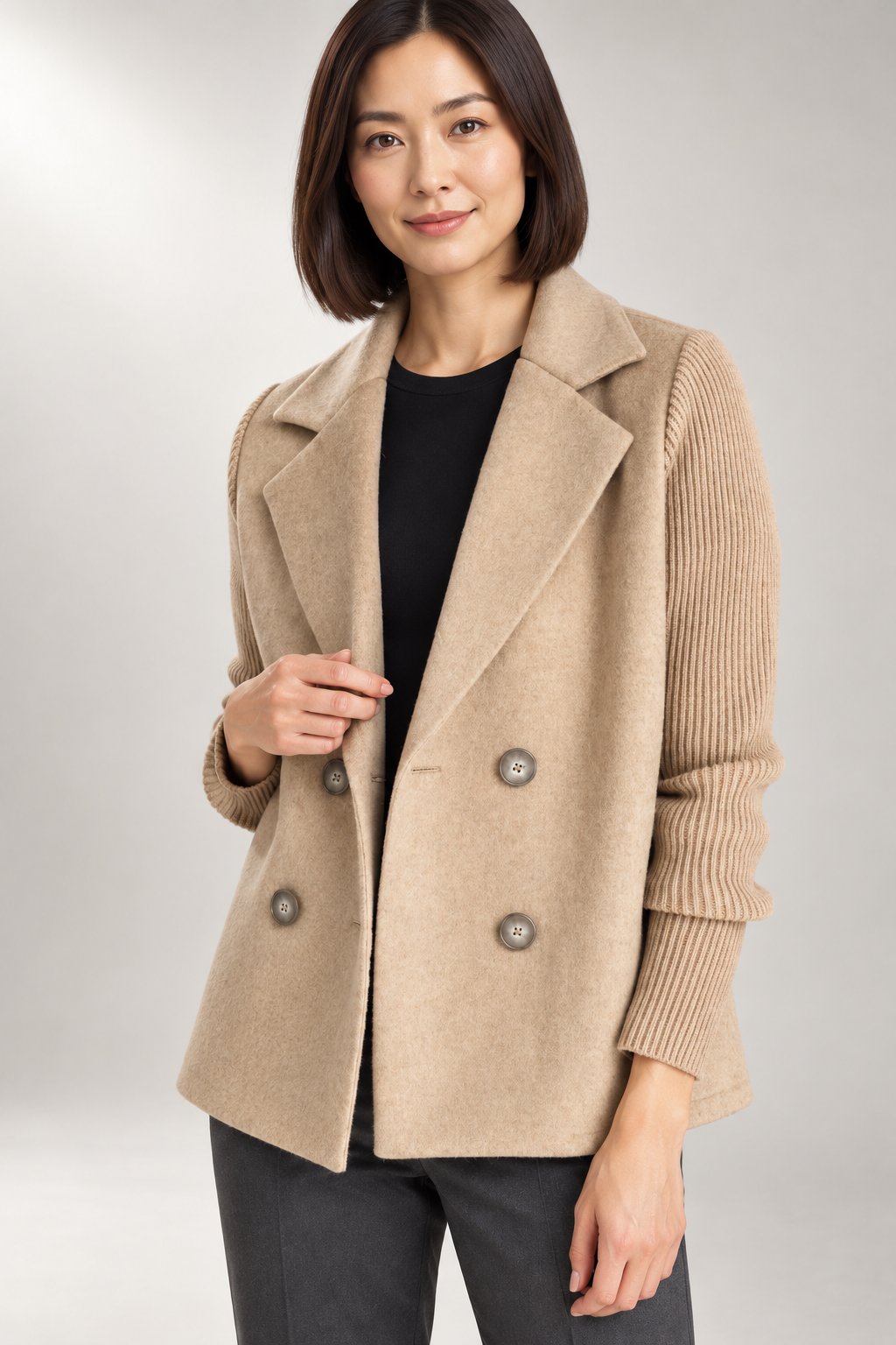 Danielle Double-Breasted Blazer — Ribbed Knit Sleeves — Khaki studio view