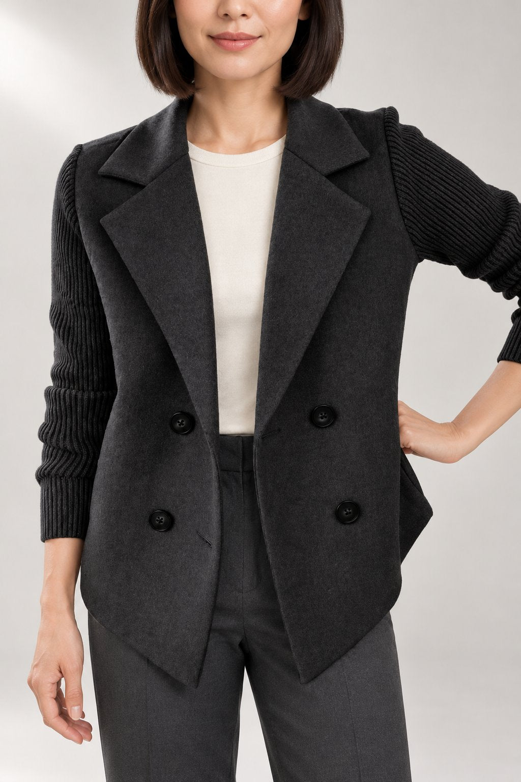 Danielle Double-Breasted Blazer — Ribbed Knit Sleeves — Black studio view