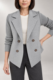 Danielle Double-Breasted Blazer — Ribbed Knit Sleeves — Gray studio view