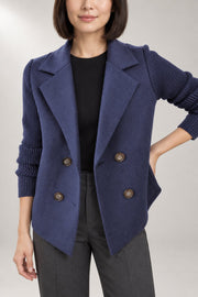 Danielle Double-Breasted Blazer — Ribbed Knit Sleeves — Blue studio view