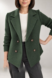 Danielle Double-Breasted Blazer — Ribbed Knit Sleeves — Green studio view