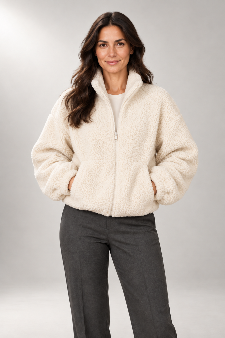 Serafina Textured Jacket — Zip Front & Stand Collar — Cream view