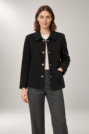 Serena Collared Jacket — Snap Front & Patch Pockets — Black view
