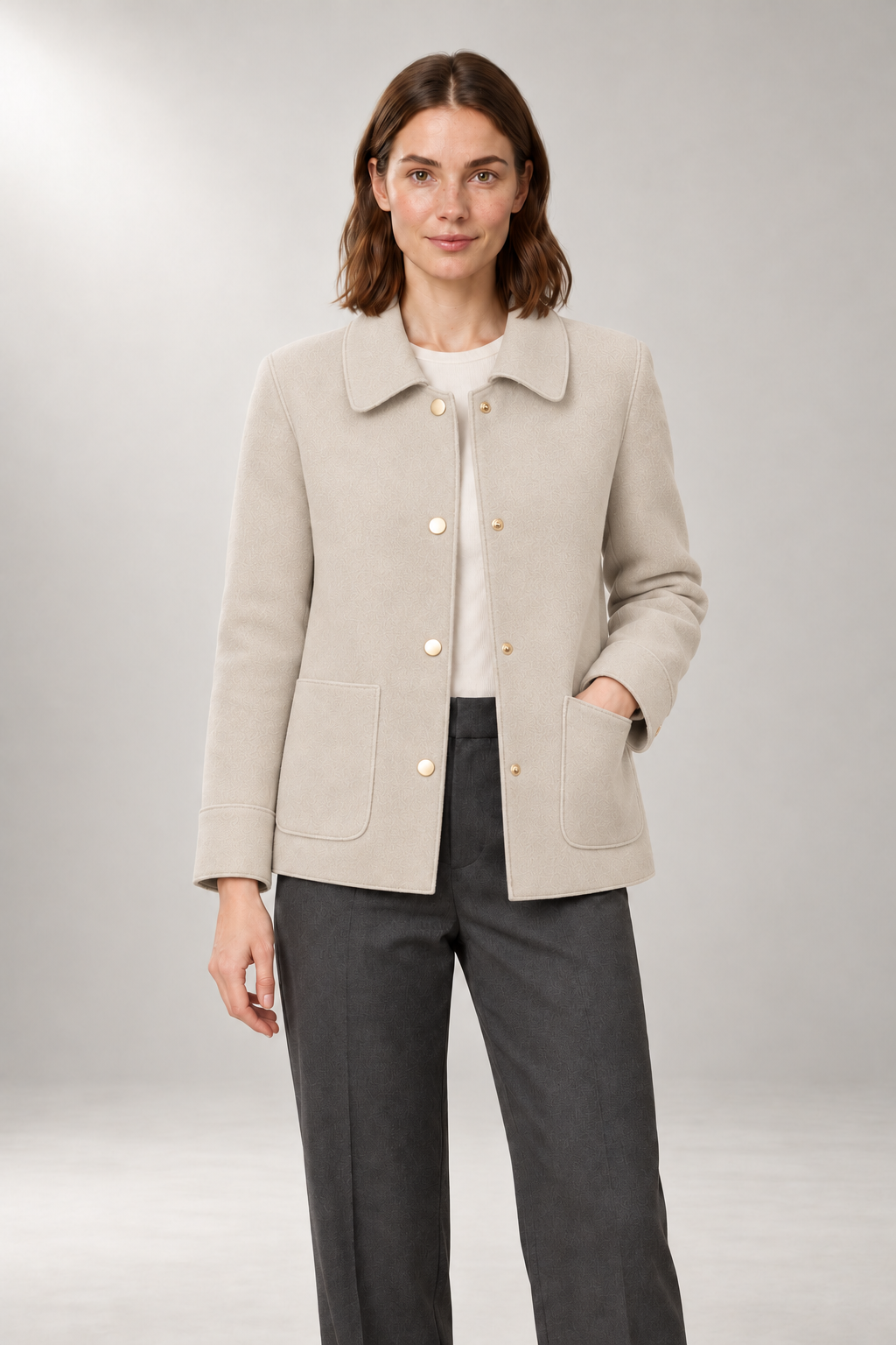 Serena Collared Jacket — Snap Front & Patch Pockets — Apricot view
