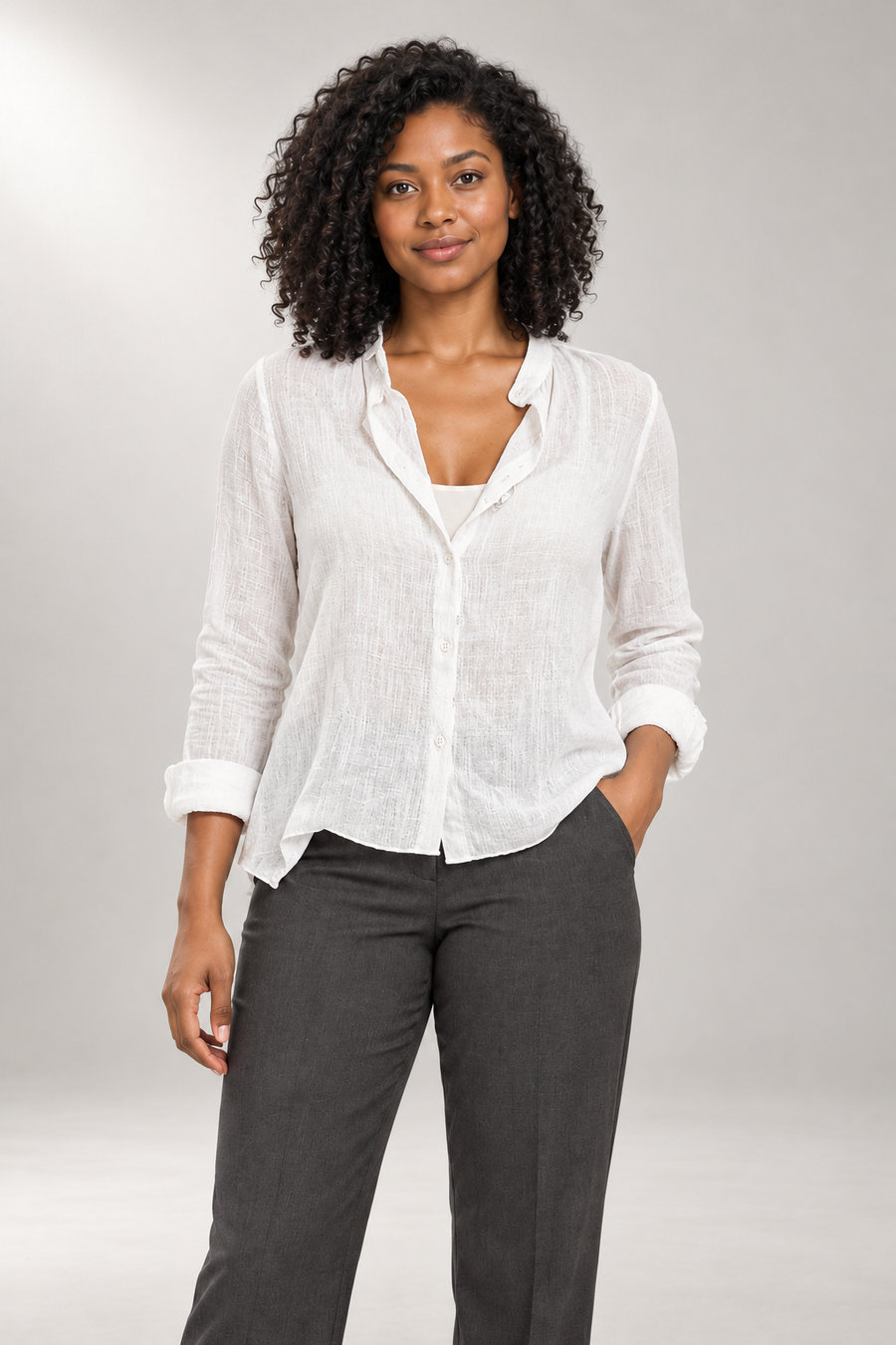 Estelle Blouse — Textured Detail & Roll-Up Sleeves — White view