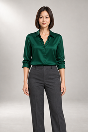 Hallie-Jade Blouse — Pointed Collar & Lustrous Finish — Dark Green view