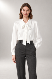 Tie-Neck Blouse — Pointed Collar & Removable Bow — White studio view