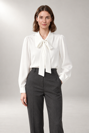 Tie-Neck Blouse — Pointed Collar & Removable Bow — White studio view
