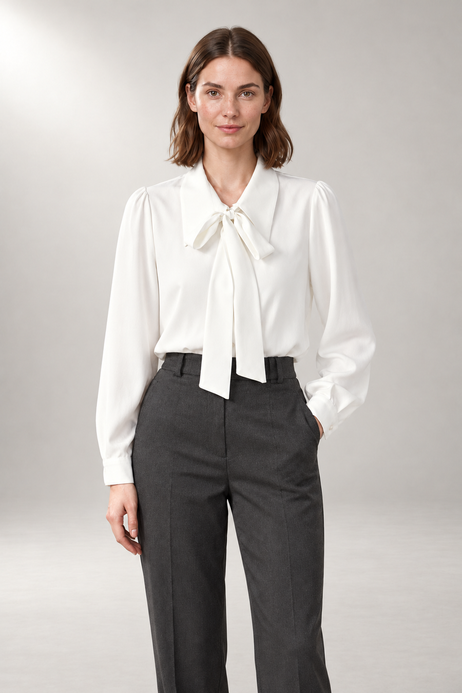 Tie-Neck Blouse — Pointed Collar & Removable Bow — White studio view