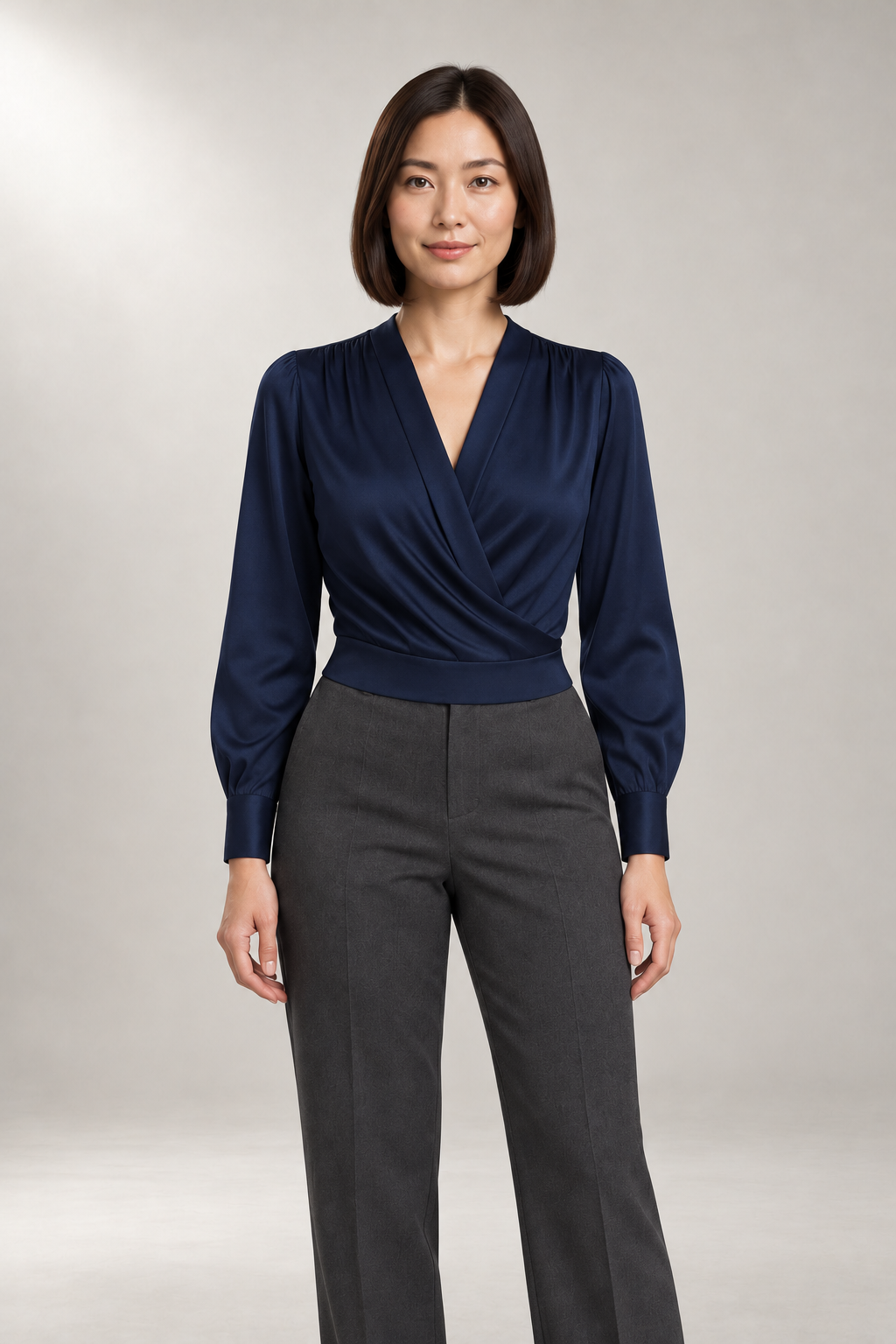 Wrap-Style Blouse — Crossover V-Neck & Gathered Shoulders — Navy Blue view
