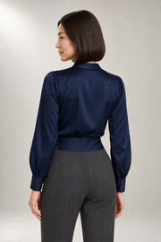 Wrap-Style Blouse — Crossover V-Neck & Gathered Shoulders — back view in our studio