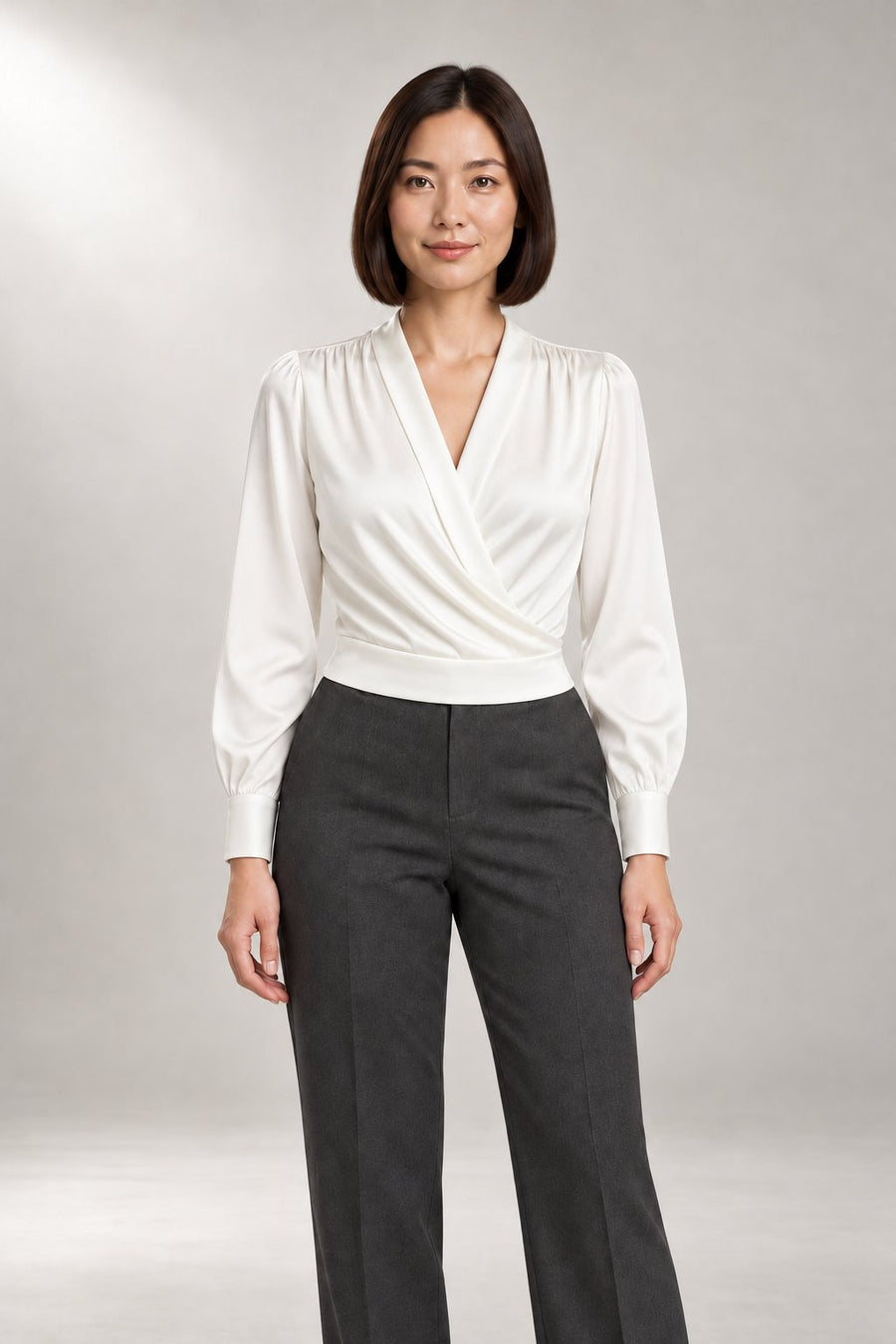 Wrap-Style Blouse — Crossover V-Neck & Gathered Shoulders — White view