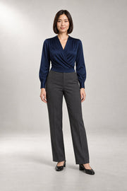 Wrap-Style Blouse — Crossover V-Neck & Gathered Shoulders — Navy Blue view