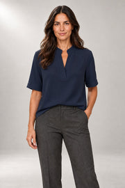 Elowen V-Neck Blouse — Relaxed Drape & Cuffed Sleeves — Dark Blue studio view