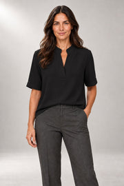 Elowen V-Neck Blouse — Relaxed Drape & Cuffed Sleeves — Black studio view