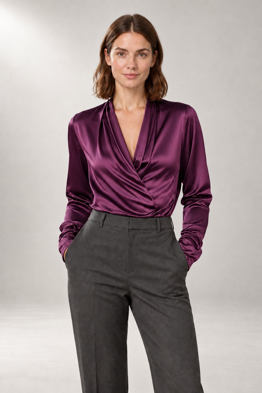 Clara V-Neck Top — Draped Wrap-Style Front — Purple view