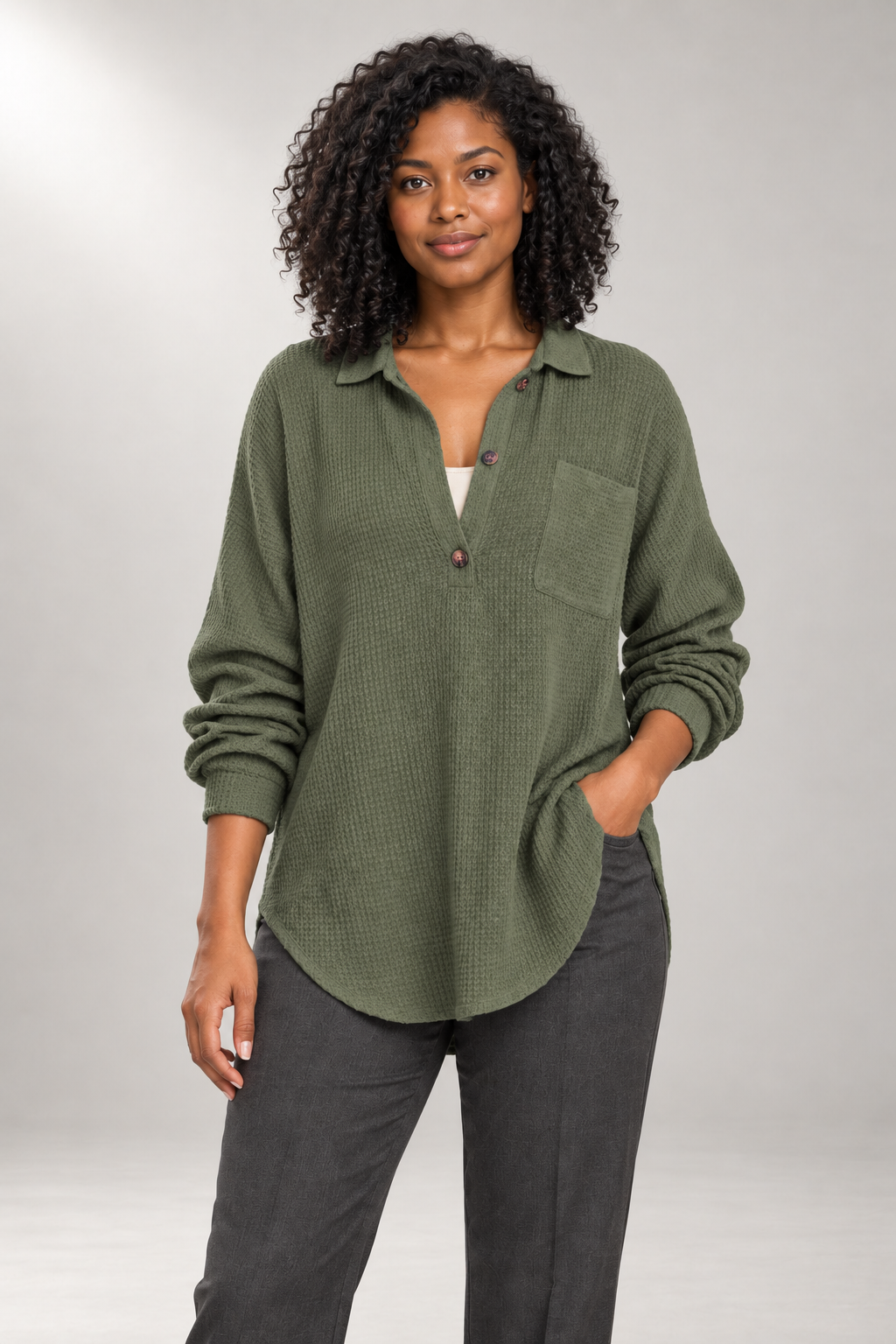 Cerys Tunic Blouse — Waffle Texture & Buttoned V-Neck — Green studio view