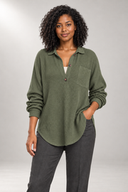 Cerys Tunic Blouse — Waffle Texture & Buttoned V-Neck — Green studio view