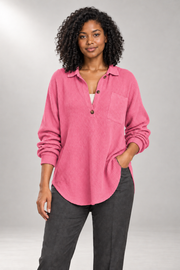 Cerys Tunic Blouse — Waffle Texture & Buttoned V-Neck — Pink studio view