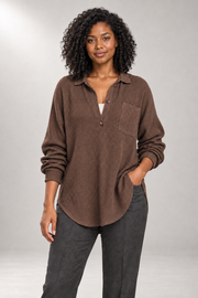 Cerys Tunic Blouse — Waffle Texture & Buttoned V-Neck — Brown studio view