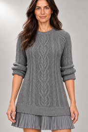 Arabella Cable-Knit Dress — Pleated Mini Hem — detail view in our studio