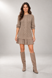 Arabella Cable-Knit Dress — Pleated Mini Hem — Taupe studio view