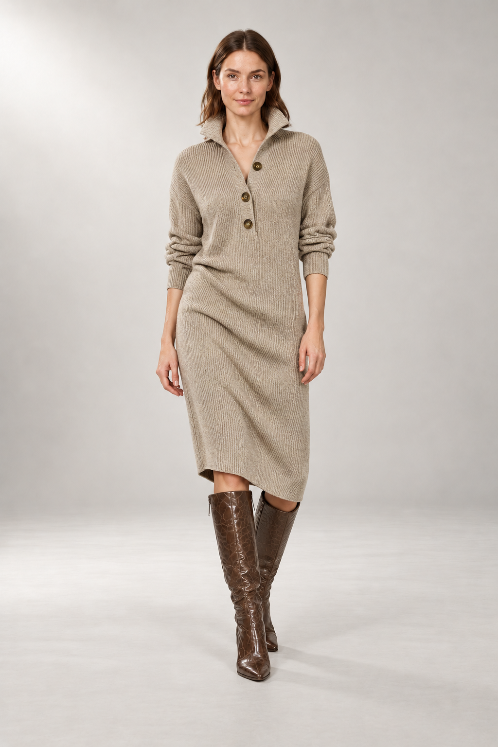 Collared Sweater Dress — Midi Length & Button Front — Khaki studio view