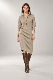Collared Sweater Dress — Midi Length & Button Front — Khaki studio view