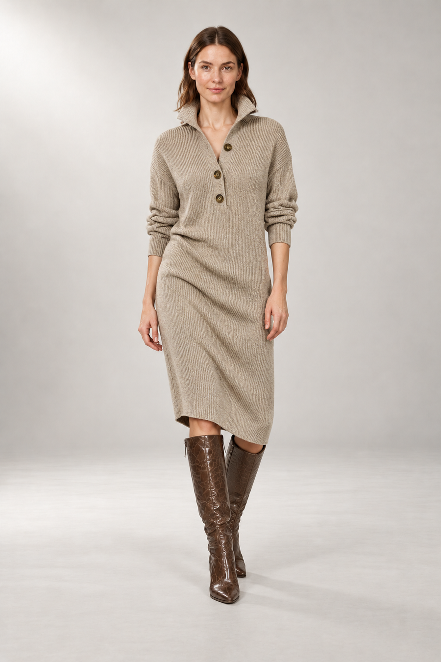 Collared Sweater Dress — Midi Length & Button Front — Khaki studio view
