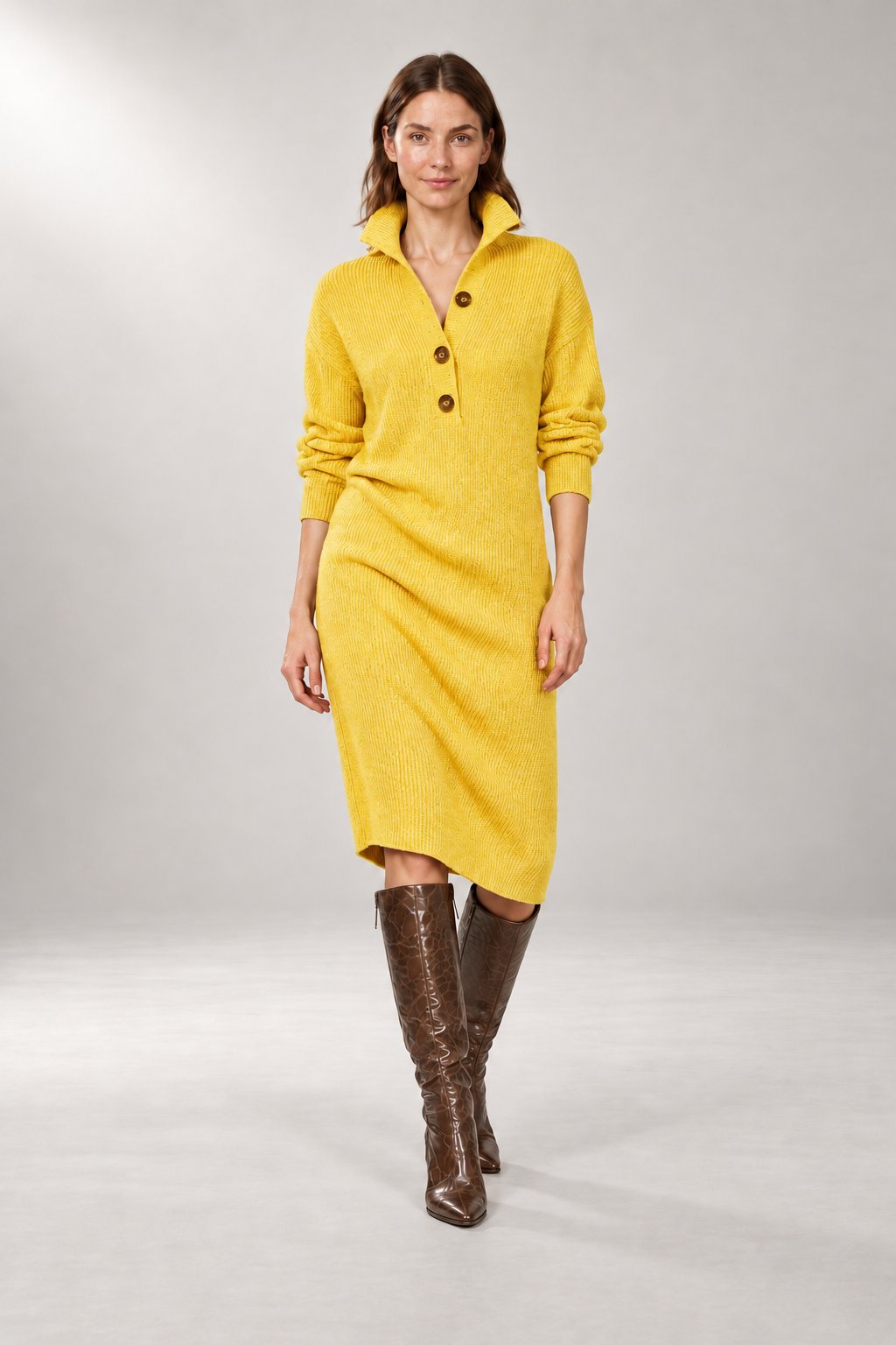 Collared Sweater Dress — Midi Length & Button Front — Yellow studio view