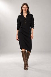 Collared Sweater Dress — Midi Length & Button Front — Black studio view