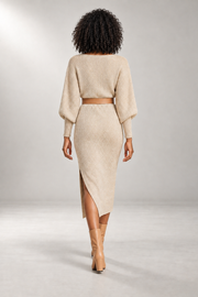 Belted Knit Midi Dress — Slim Fit & Side Slit — back view in our studio