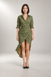 Ruched Wrap Shirt Dress — Long Sleeves & Draped Front — Olive studio view