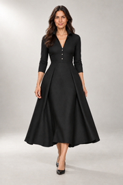 Ariana A-Line Dress — Collared Bodice & Midi Skirt — Black studio view