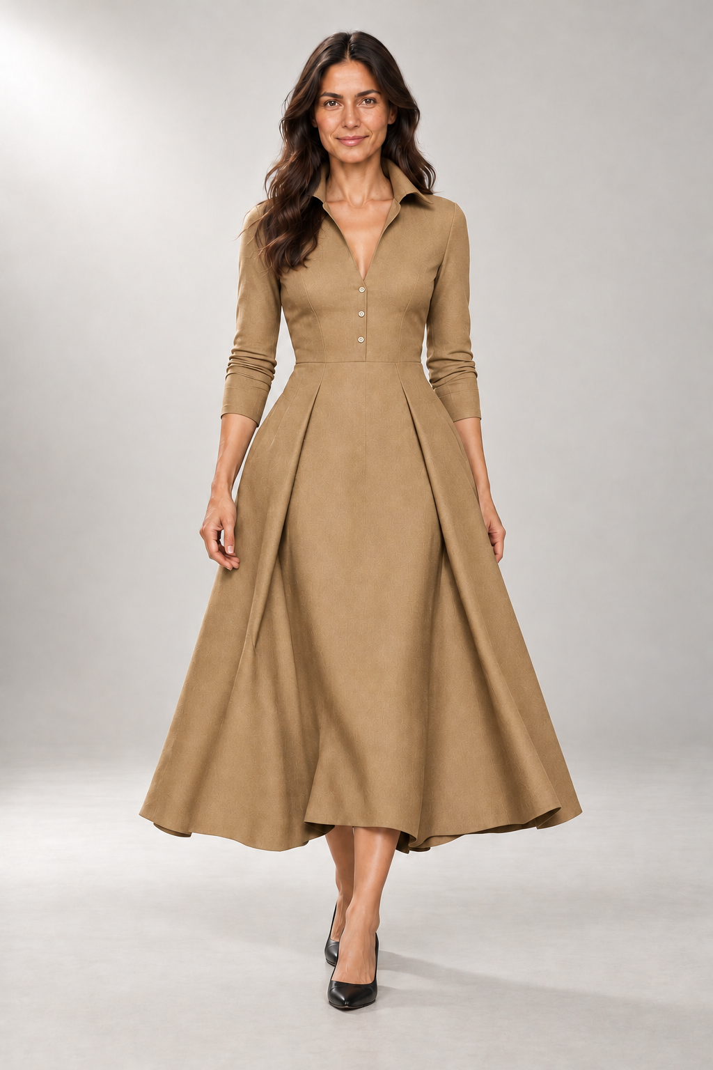 Ariana A-Line Dress — Collared Bodice & Midi Skirt — Khaki studio view