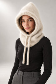 Knitted Hooded Scarf — Drawstring Balaclava — Beige studio view