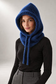 Knitted Hooded Scarf — Drawstring Balaclava — Blue studio view