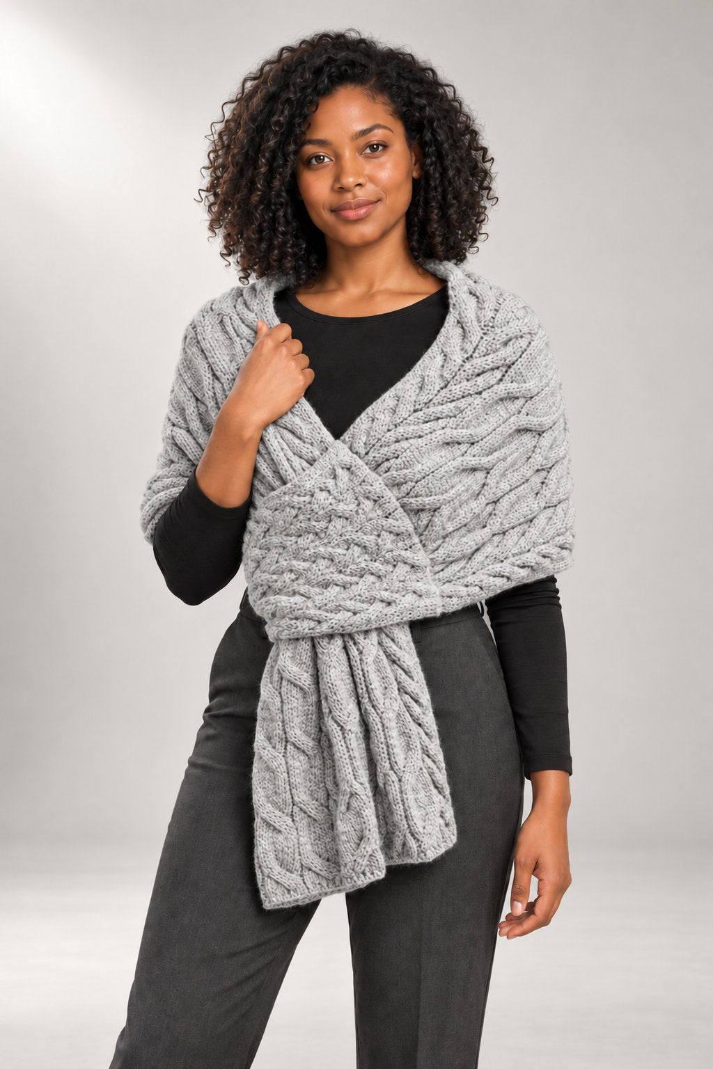 Cable-Knit Wrap Scarf — Textured Stole — Gray view