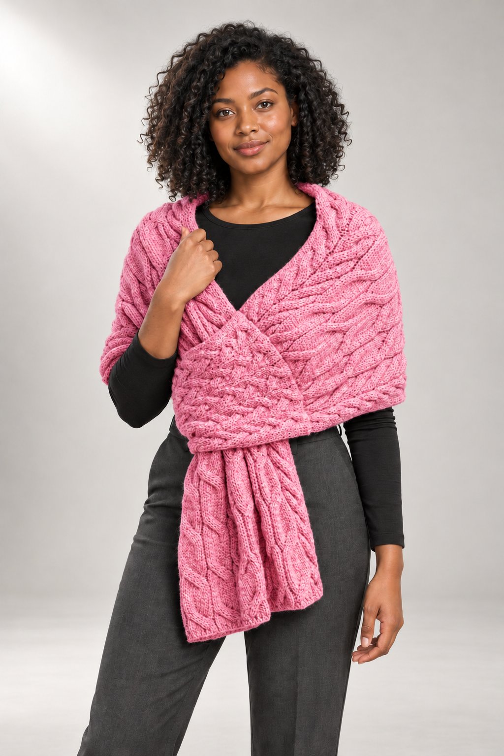 Cable-Knit Wrap Scarf — Textured Stole — Pink view